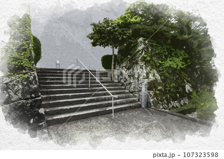 水彩画風　成羽城　鶴首城址　御作事門　成羽美術館　岡山県高梁市 107323598