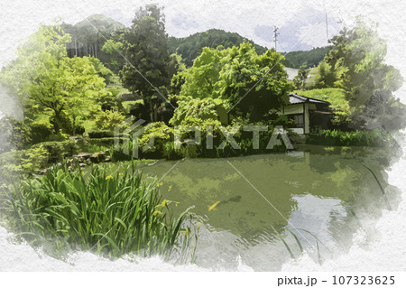 水彩画風 成羽陣屋 回遊式書院庭園跡 蓮池 岡山県高梁市のイラスト素材 [107323625] - PIXTA