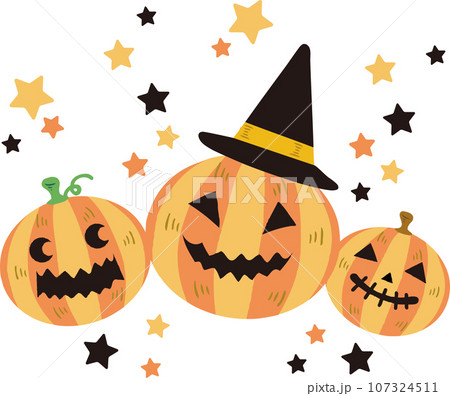ハロウィン　あしらい　飾り　10月　秋　かぼちゃ　ジャックオランタン　手描き　かわいい　イラスト素材 107324511