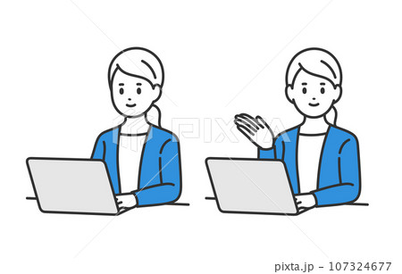 パソコンを見る･案内のポーズをするビジネスパーソン女性のセット【人物ベクターイラスト素材】 107324677