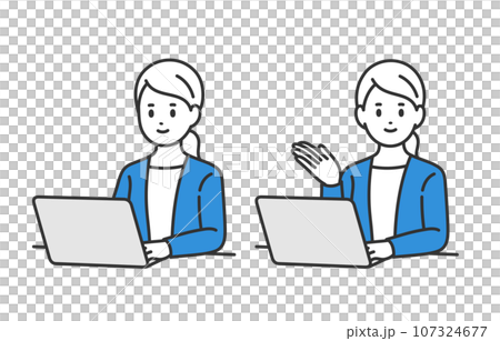 パソコンを見る･案内のポーズをするビジネスパーソン女性のセット【人物ベクターイラスト素材】 107324677
