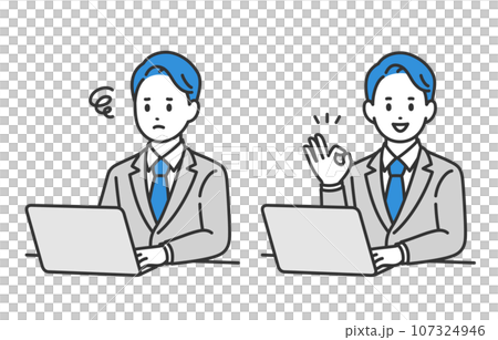 A set of business people looking at a computer and worrying and doing an OK pose [People vector illustration material] 107324946