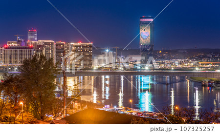 Night view of the Sava river and Belgrade waterfront in Belgrade Serbia Night view of the Sava river and Belgrade waterfront in Belgrade Serbia 107325257