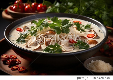 Delight in the creamy and spicy coconut soup with tender chicken  107326730