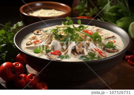 Delight in the creamy and spicy coconut soup with tender chicken Delight in the creamy and spicy coconut soup with tender chicken 107326731