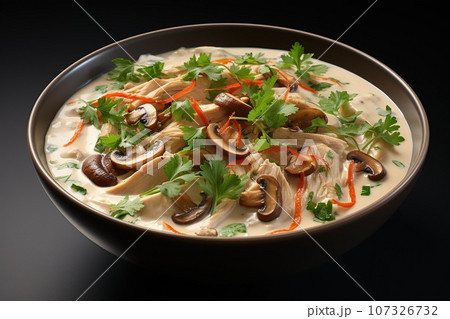 Delight in the creamy and spicy coconut soup with tender chicken Delight in the creamy and spicy coconut soup with tender chicken 107326732