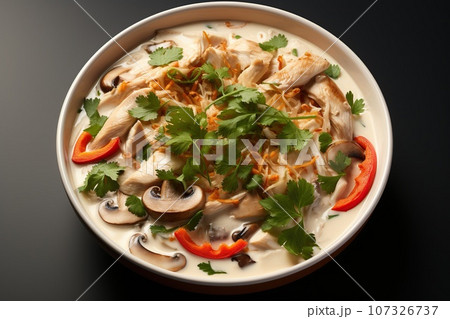 Delight in the creamy and spicy coconut soup with tender chicken  107326737