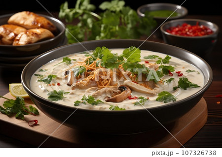 Delight in the creamy and spicy coconut soup with tender chicken Delight in the creamy and spicy coconut soup with tender chicken 107326738