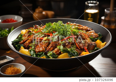 Experience the enticing flavors of Thai-style turmeric pork stir-fry 107326896