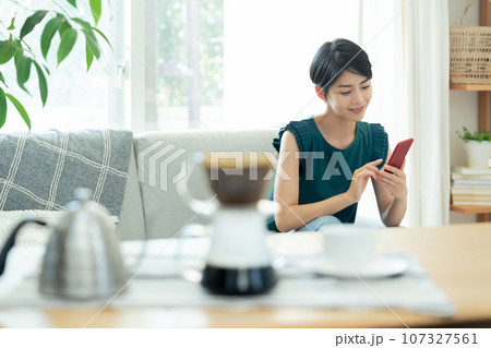 リビングでスマートフォンを操作する女性 リビングでスマートフォンを操作する女性 107327561