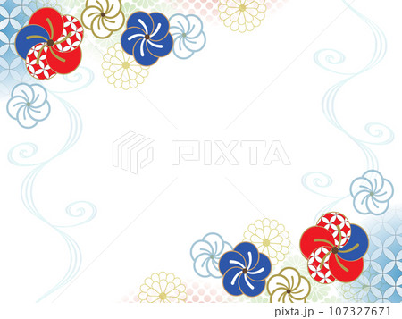 ポップな青と赤の梅の花の水彩風和柄背景イラスト 107327671
