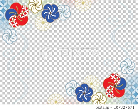 ポップな青と赤の梅の花の水彩風和柄背景イラスト 107327671