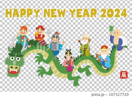 新年賀卡素材插畫龍年七福神騎龍HAPPY NEW YEAR 107327720