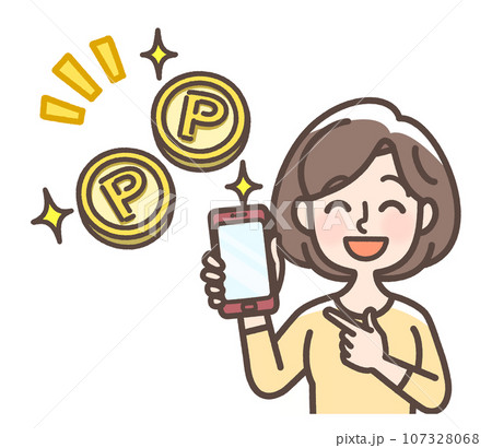 ポイントをイメージしたコインのイラストと喜んでいる女性 ポイントをイメージしたコインのイラストと喜んでいる女性 107328068