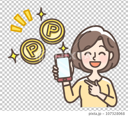 ポイントをイメージしたコインのイラストと喜んでいる女性 ポイントをイメージしたコインのイラストと喜んでいる女性 107328068