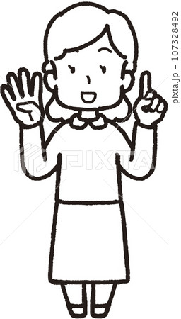 左手は1本指、右手は4本指の41のハンドサインをして笑う女性の全身線画イラスト 107328492