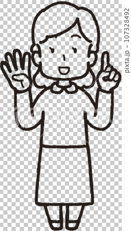 左手は1本指、右手は4本指の41のハンドサインをして笑う女性の全身線画イラスト 107328492