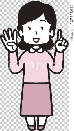 左手は1本指、右手は4本指の41のハンドサインをして笑う女性の全身イラスト 107328494