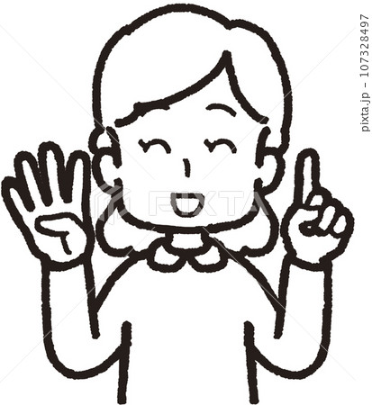 左手は1本指、右手は4本指の41のハンドサインをして笑う女性の上半身線画イラスト 107328497