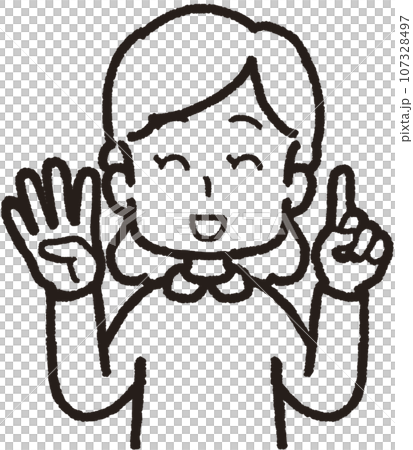 左手は1本指、右手は4本指の41のハンドサインをして笑う女性の上半身線画イラスト 107328497