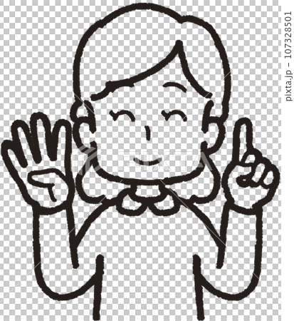 左手は1本指、右手は4本指の41のハンドサインをして笑う女性の上半身線画イラスト 左手は1本指、右手は4本指の41のハンドサインをして笑う女性の上半身線画イラスト 107328501