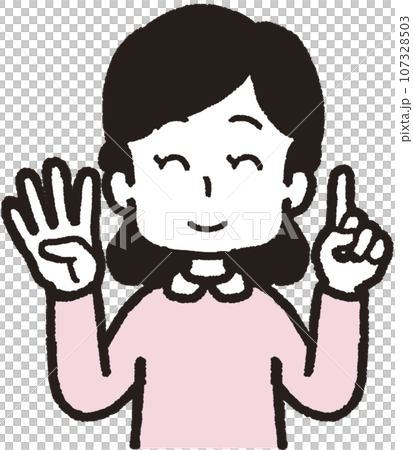 左手は1本指、右手は4本指の41のハンドサインをして笑う女性の上半身イラスト 左手は1本指、右手は4本指の41のハンドサインをして笑う女性の上半身イラスト 107328503