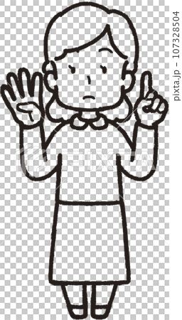 左手は1本指、右手は4本指の41のハンドサインをしている女性の全身線画イラスト 107328504