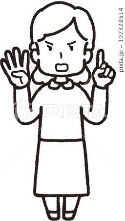 左手1本指、右手は4本指の41のハンドサインをして怒っている女性の全身線画イラスト 左手1本指、右手は4本指の41のハンドサインをして怒っている女性の全身線画イラスト 107328514
