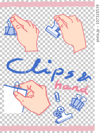 Illustration set of hand holding a clip and a clip Illustration set of hand holding a clip and a clip 107328539