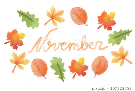 Hand written brush trendy quote November. Watercolor autumn vector lettering with doddle hand drawn leaves. Poster, flyer, brochure, web, advertising Hand written brush trendy quote November. Watercolor autumn vector lettering with doddle hand drawn leaves. Poster, flyer, brochure, web, advertising 107328555