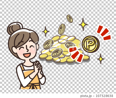 ポイントをイメージしたコインのイラストと喜んでいる女性 107328638