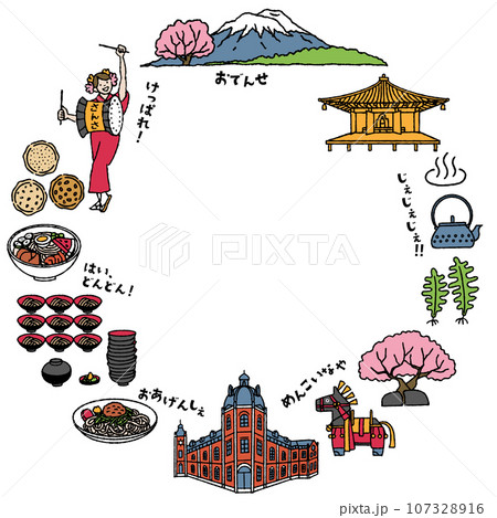 シンプルでかわいい岩手県にまつわるイラストの円形フレーム（カラフル） 107328916