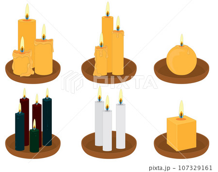Collection of thin and thick different colour wax candles on clay plates vector illustration Collection of thin and thick different colour wax candles on clay plates vector illustration 107329161