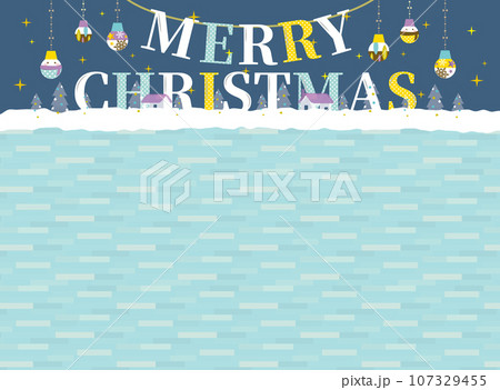 クリスマスの英字をあしらった雪景色のクリスマスフレーム 107329455