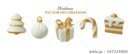 White and gold Christmas 3d icons set. Minimal toy three dimensional New Year and winter decorations 107329860