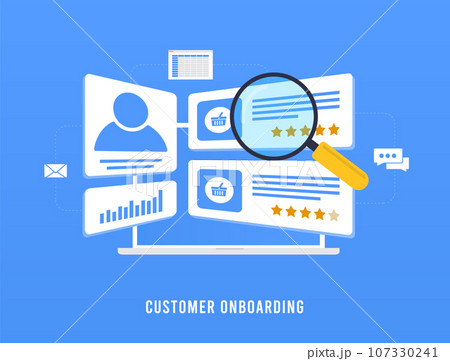 Customer onboarding process concept. User profile segmentation, client relationship, customer management concept. User onboarding vector illustration isolated on blue background 107330241