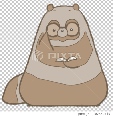 A raccoon holding an open book and pushing up his glasses 107330415