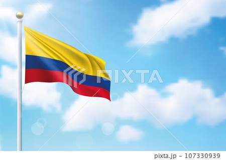 Waving flag of Colombia on sky background. Template for independence Waving flag of Colombia on sky background. Template for independence 107330939