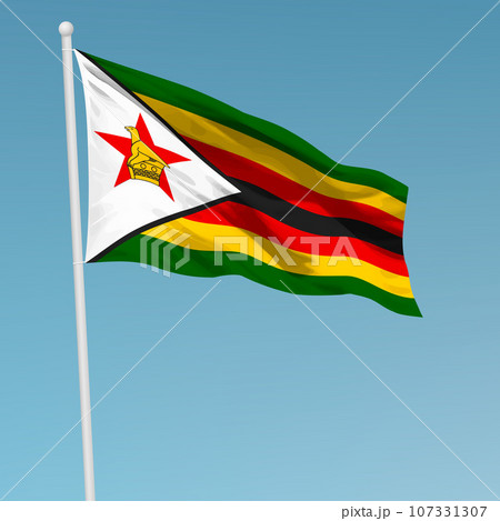 Waving flag of Zimbabwe on flagpole. Template for independence day 107331307