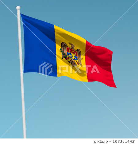 Waving flag of Moldova on flagpole. Template for independence Waving flag of Moldova on flagpole. Template for independence 107331442