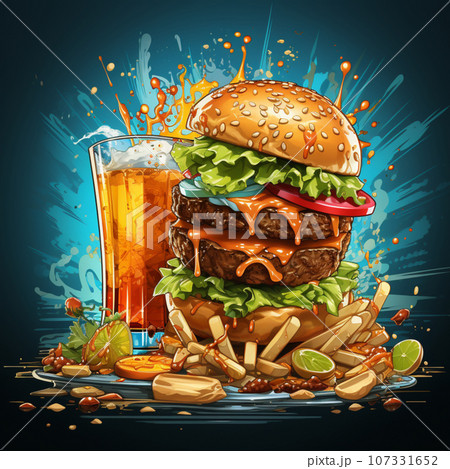 AI生成画像】おしゃれなハンバーガーとおいしい飲み物のイラストのイラスト素材 [107331652] - PIXTA