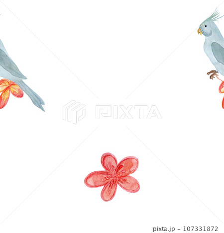 Seamless floral pattern with birds and plumeria. Parrot and tropical flowers pattern. Floral pink illustration with parrots for wallpaper, textile Seamless floral pattern with birds and plumeria. Parrot and tropical flowers pattern. Floral pink illustration with parrots for wallpaper, textile 107331872