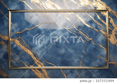 青と金色のマーブル背景に金色の長方形フレーム。秋冬用の横長抽象テンプレート。AI生成画像 107331994