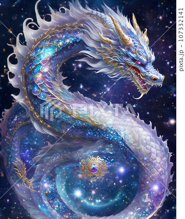 ふーか❀大好きな龍様との日々❀ 輝く虹龍と宇宙の開運 イラスト アート（AI生成画像）のイラスト素材