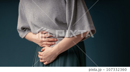 Ovarian and Cervical Cancer. Woman Touching on Lower Abdomen in Pain, Female Reproductive System, Uterus, Women's Health, PCOS and Gynecology 107332360