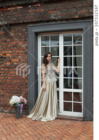 Pretty glamorous woman wearing long fashionable dress, fashion beauty portrait 107332597