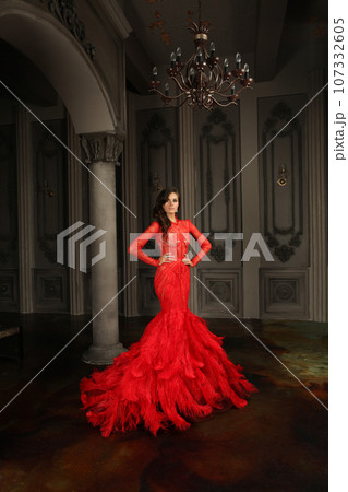 Beautiful sensual glamourous brunette model in red evening gown standing in vintage interior 107332605