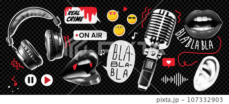 A grunge set of collage elements on the theme of a true-crime podcast. Speech bubble, ear and lips. Trendy illustration with likes on transparent background as png. 107332903