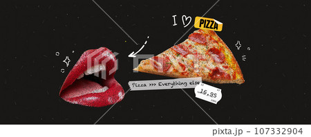 Grunge collage with a womans mouth open and pizza flying into it. Noisy black background and trendy elements. Vector illustration. 107332904