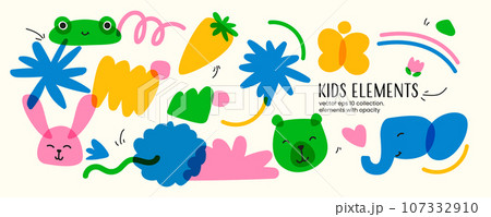 A set of trendy children's items with animals. and natural objects. Bright colors with an overlay. Drawing with marker or riso print. Vector contemporary illustration 107332910